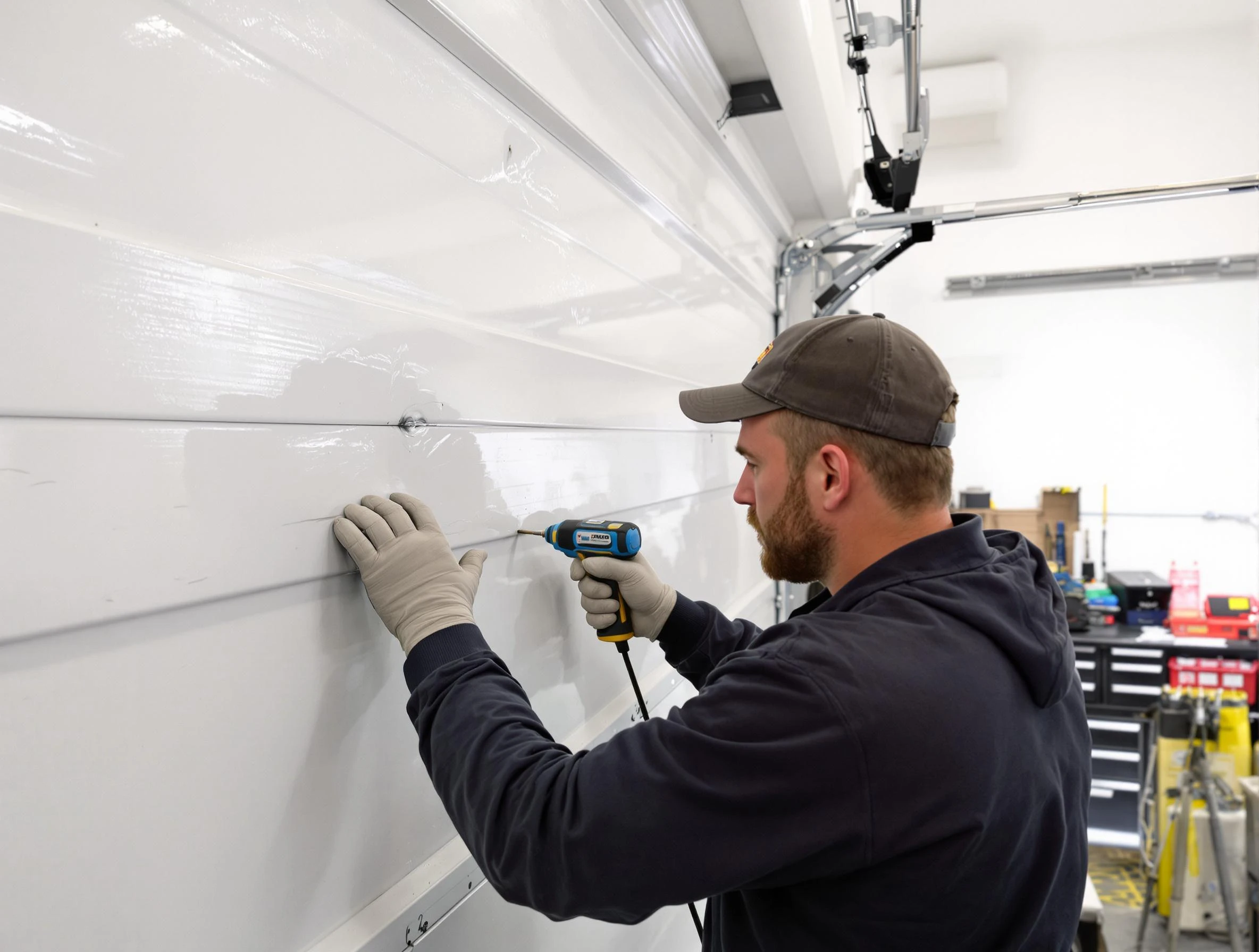 Arvada Garage Door Repair technician demonstrating precision dent removal techniques on a Arvada garage door